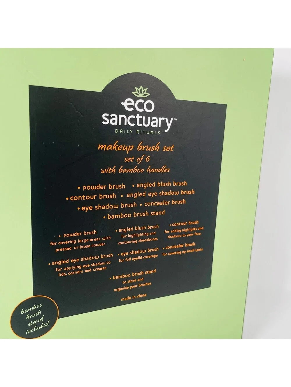 Eco Sanctuary 6 Pc Makeup Brush Set with Bamboo Handles & Wooden Stand New Box